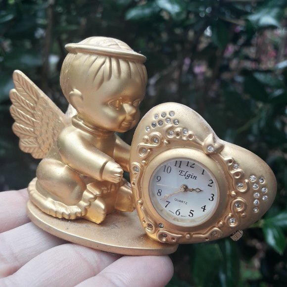 Cherub Clock Golden Mini Clock Cupid Angel by Elgin - Picture 8 of 10
